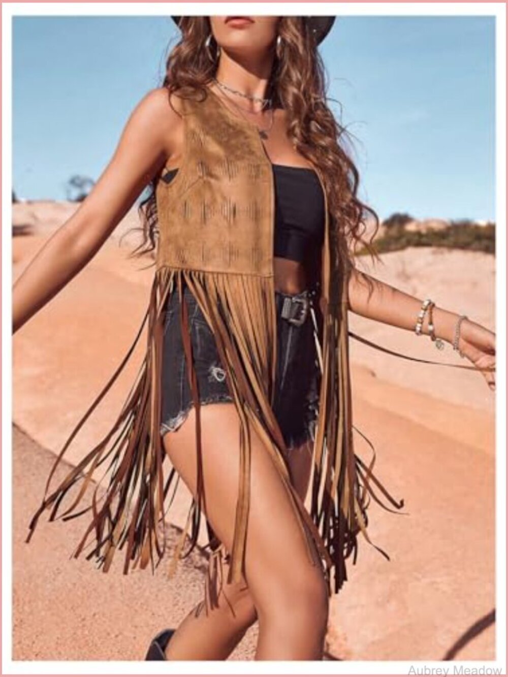 70s Hippie Faux Suede Fringe Vest Sleeveless Tassel Jacket Cardigan - Picture 6 of 6